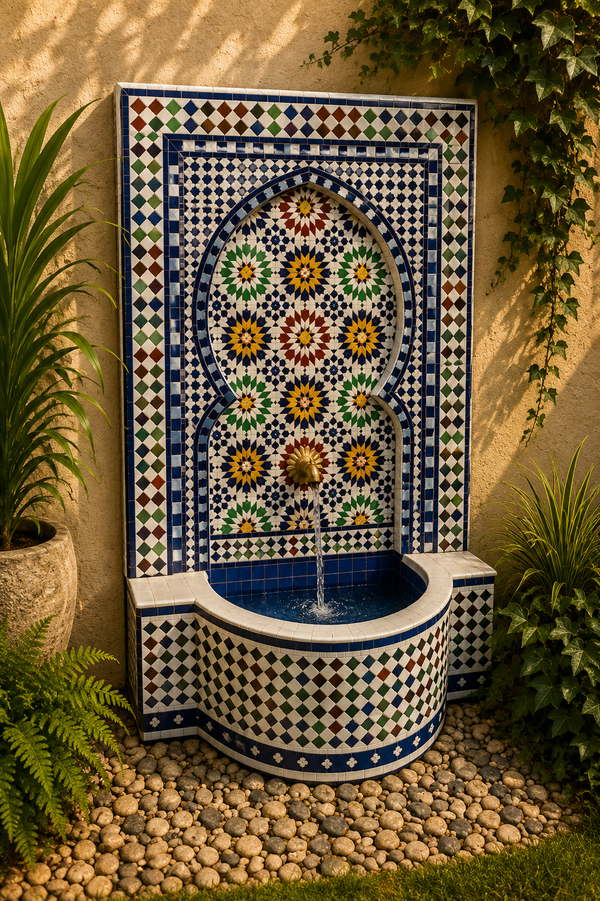 Large Handcrafted Moroccan Zellige Mosaic Tile Water Fountain