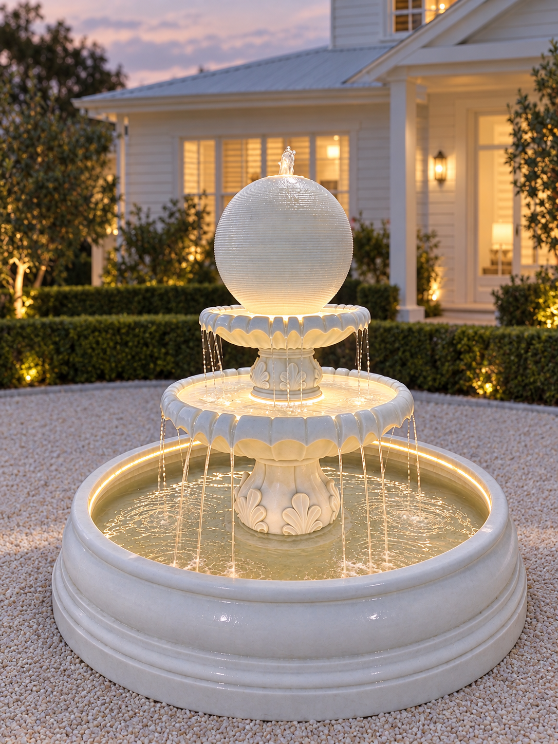 Perla Two-Tier Sphere Fountain in White with LED lights at dusk