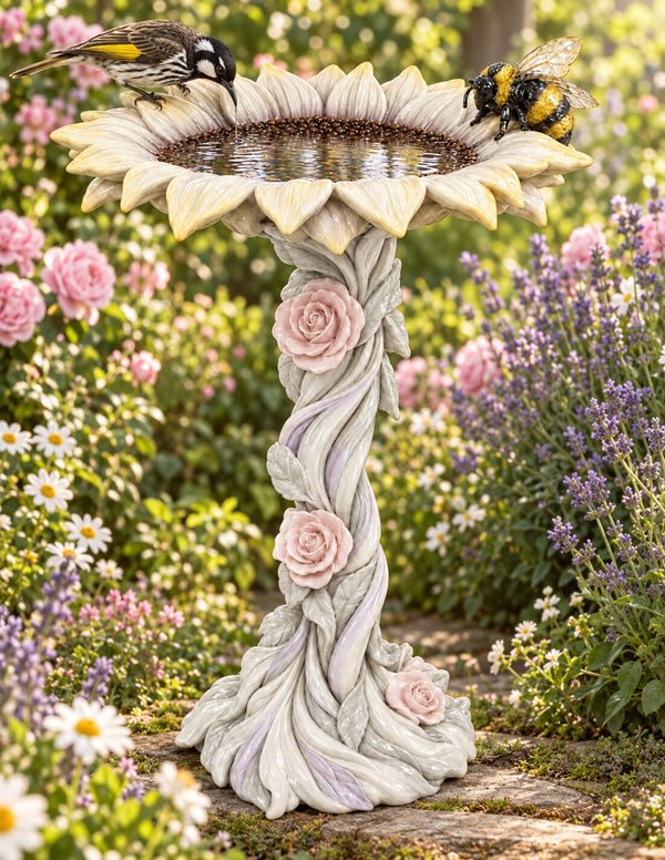 Abeja soft-toned sunflower bird bath with bumble bee in a cottage garden