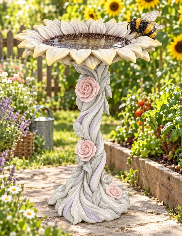 Abeja sunflower bumble bee bird bath in a family vegetable garden