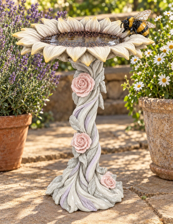 Abeja sunflower bird bath on a sandstone patio with potted lavender