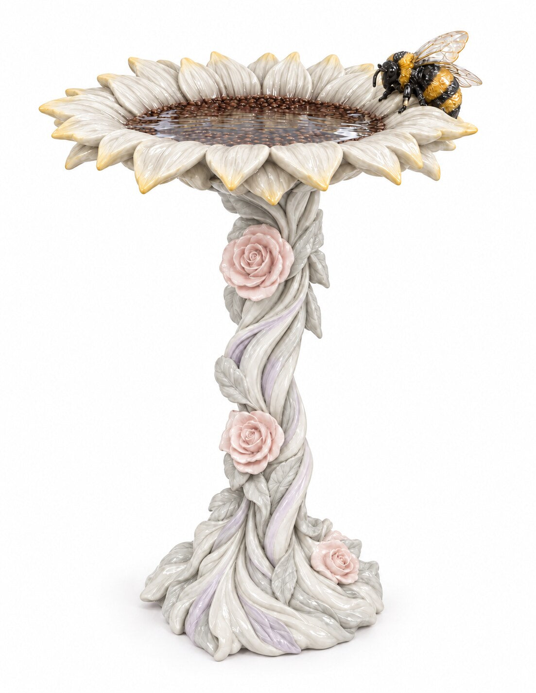 Abeja resin sunflower bird bath with bumble bee in soft cream and light grey, studio photo