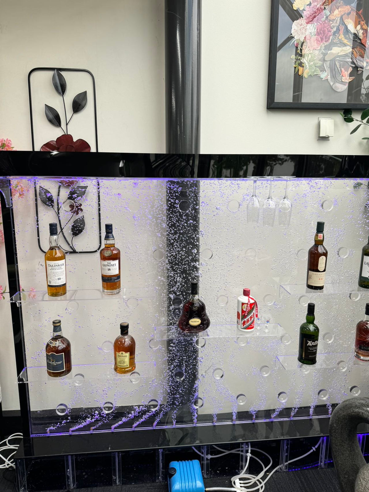 Bellagio Bar Cabinet Water Feature Wide and Functional with Shelves & Hanging Glasses