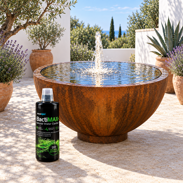 BactiMAX+ water clarifier beside a clear corten steel bowl fountain
