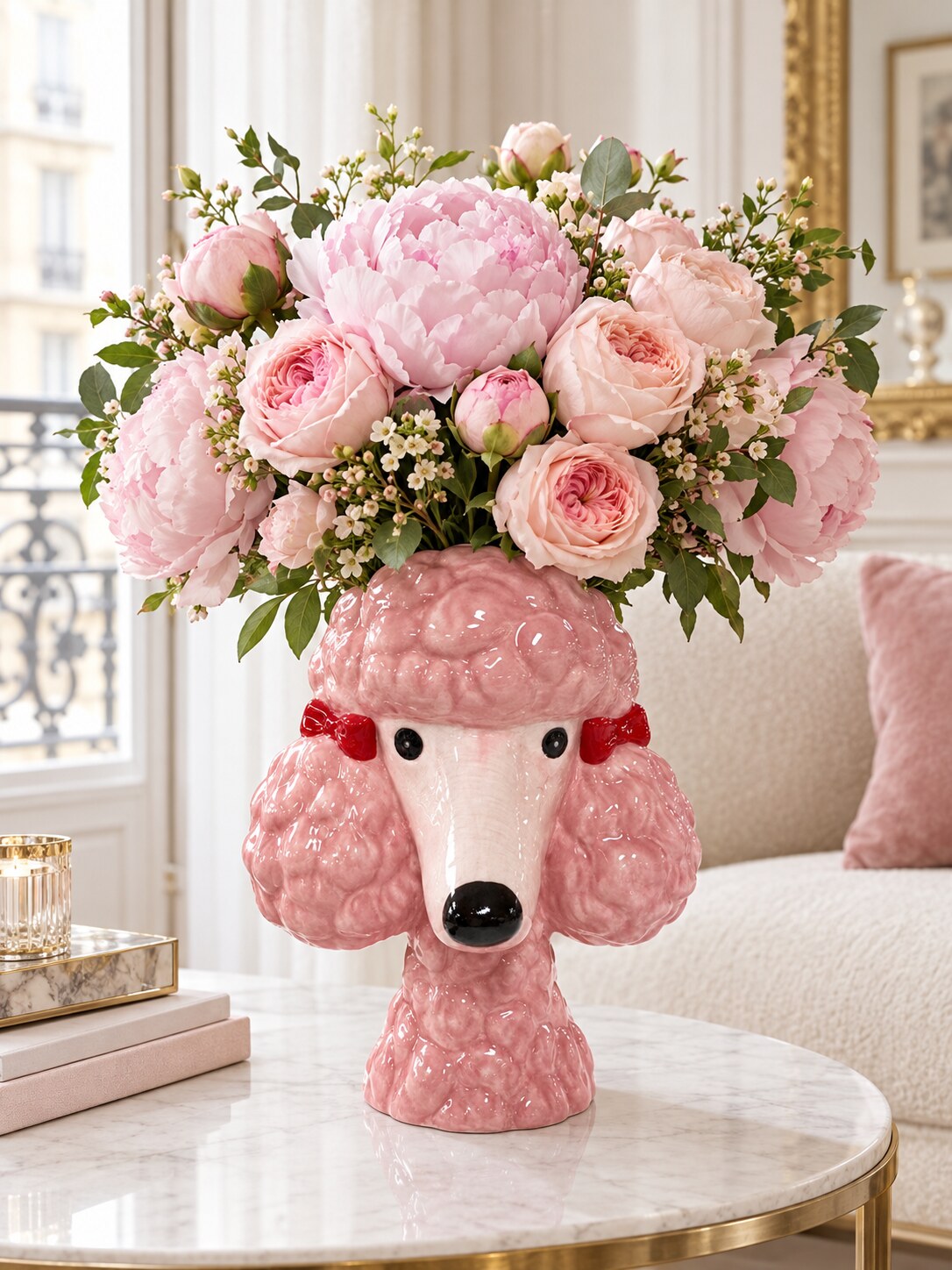 Benjita pink poodle head vase filled with peonies and roses on a marble side table