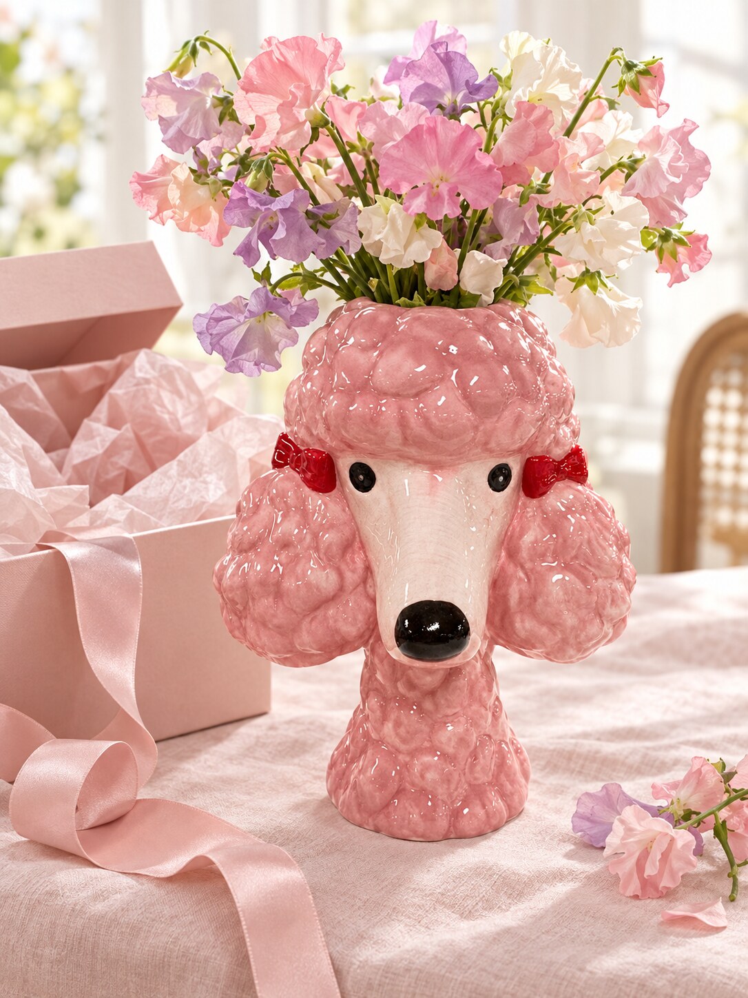Benjita pink poodle head vase with sweet peas beside a gift box
