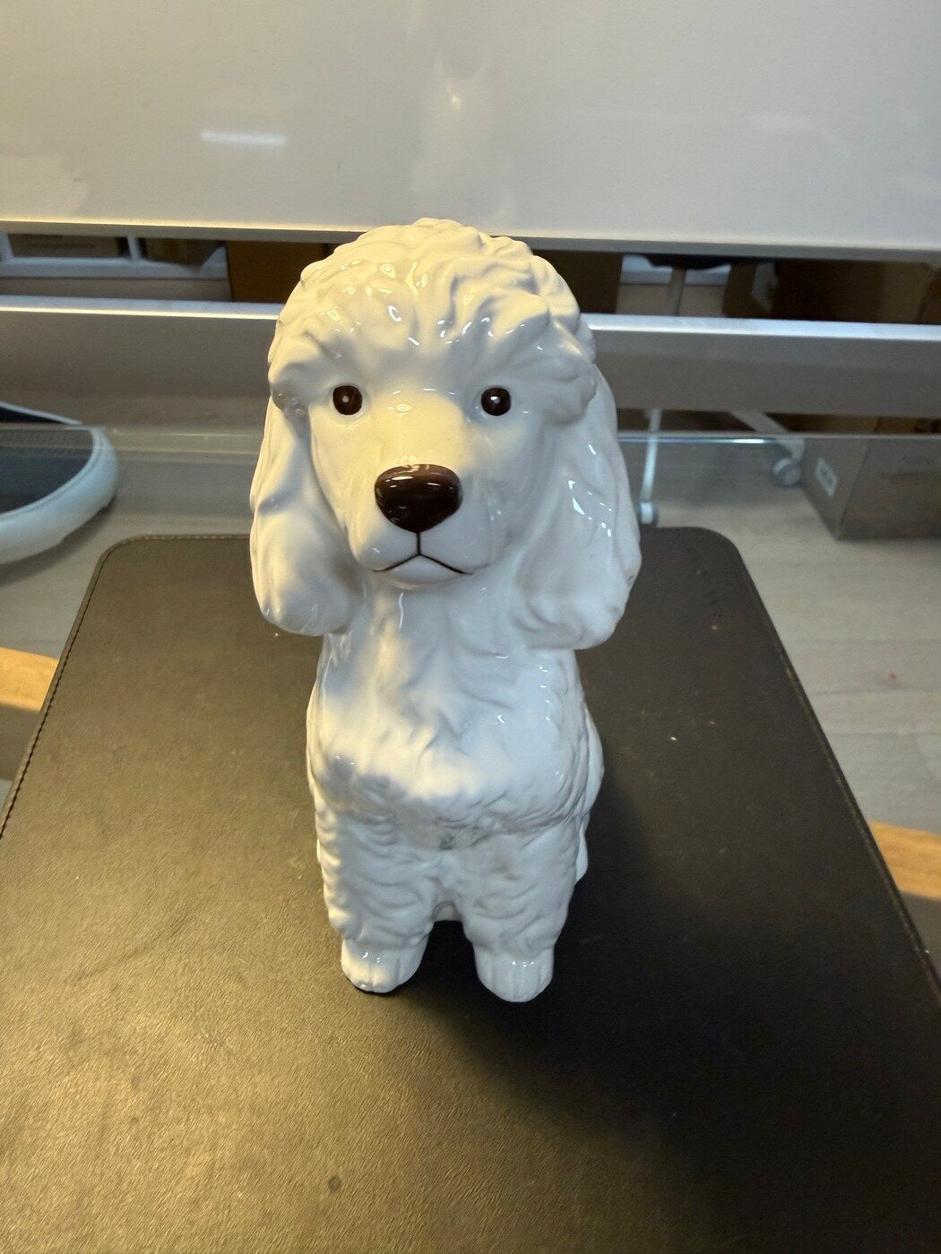 Caniche white dolomite poodle dog vase, front view, real photo