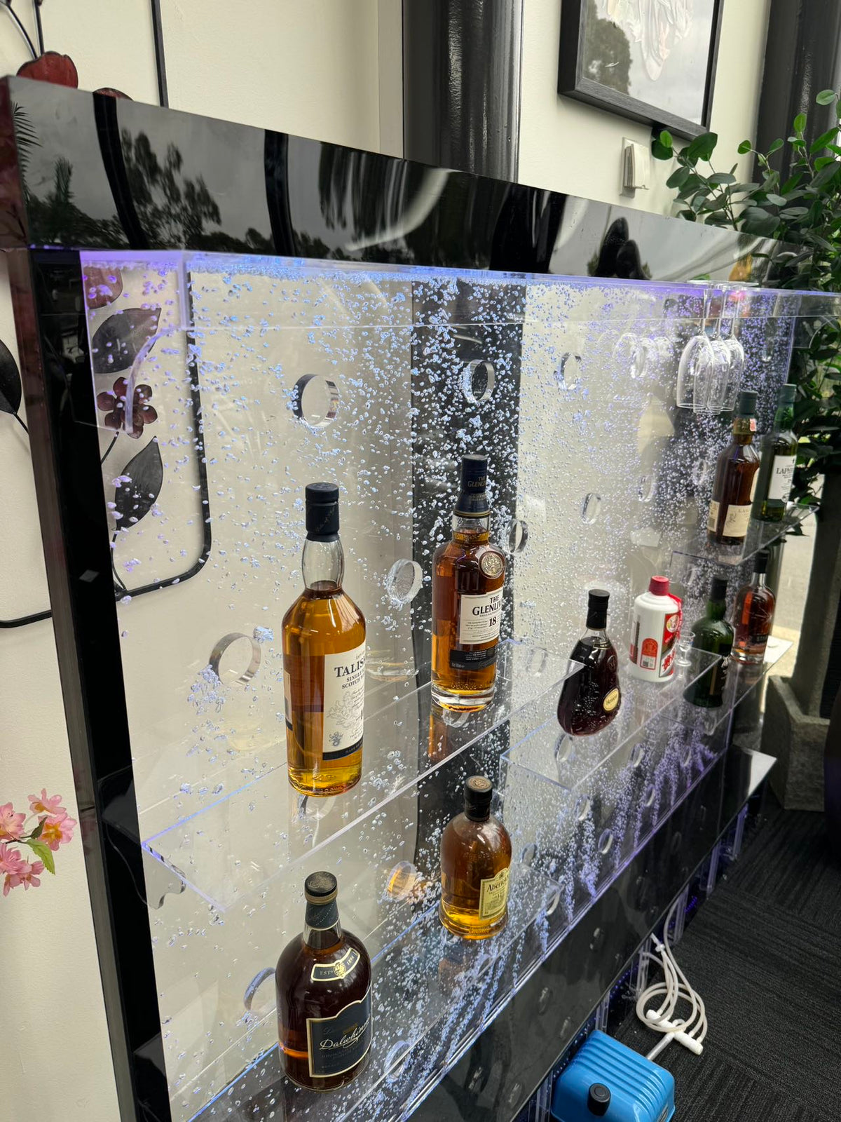 Bellagio Bar Cabinet Water Feature Wide and Functional with Shelves & Hanging Glasses
