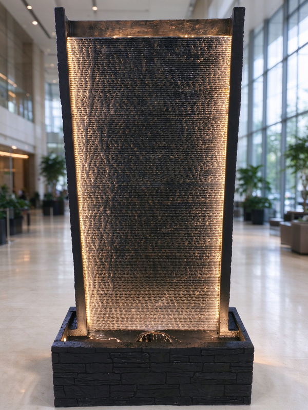Cortina Water Curtain Wall Fountain in Black in a lobby