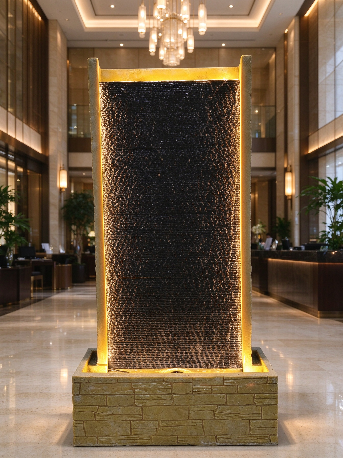 Cortina Water Curtain Wall Fountain in Black & Beige in a hotel lobby