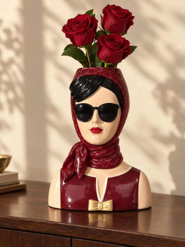 Fashionista burgundy fashion lady vase with red roses on a walnut console