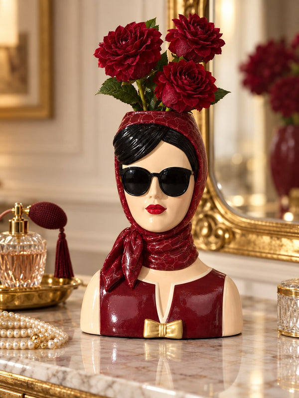 Fashionista burgundy lady head vase with dahlias on a marble vanity