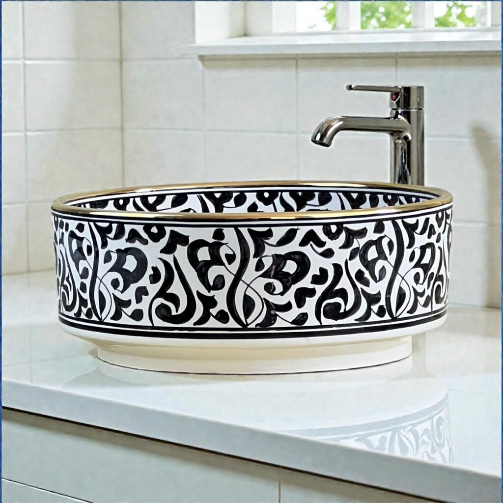 Fès Encre Hand-Painted Ceramic Drum Basin with Gold Rim