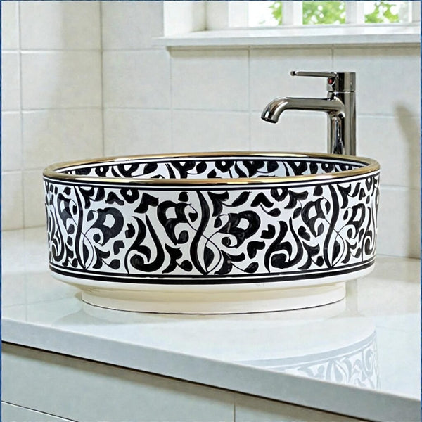 Fès Encre Hand-Painted Ceramic Drum Basin with Gold Rim