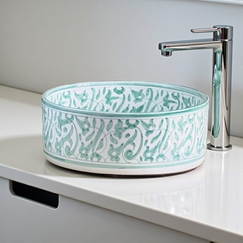 Fès Céladon Hand-Painted Ceramic Drum Basin