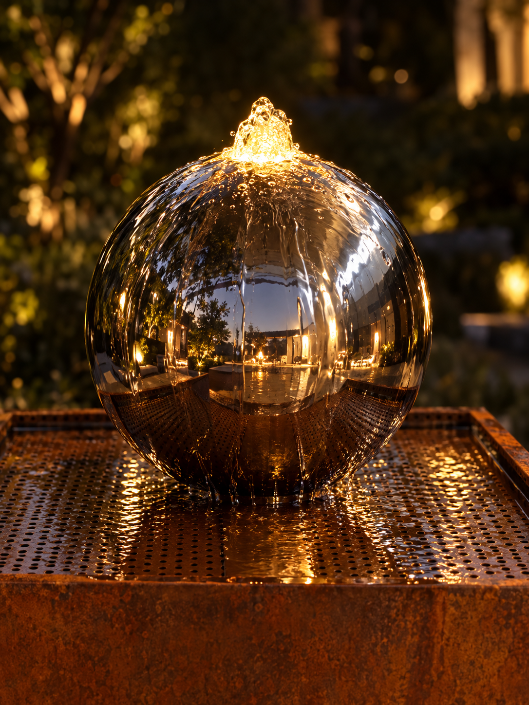 Luna Corten & Stainless Steel Sphere Water Feature with Warm White Light EAT 28 Oct Sydney