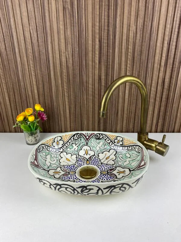 Fès Lys Hand-Painted Oval Ceramic Basin