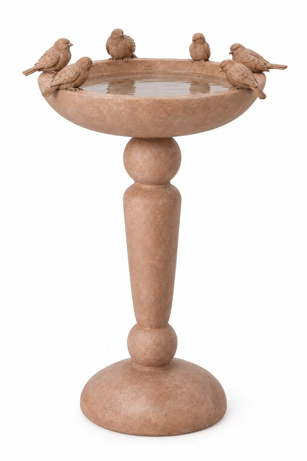 Pajaros terracotta pedestal bird bath with birds on the rim, studio photo