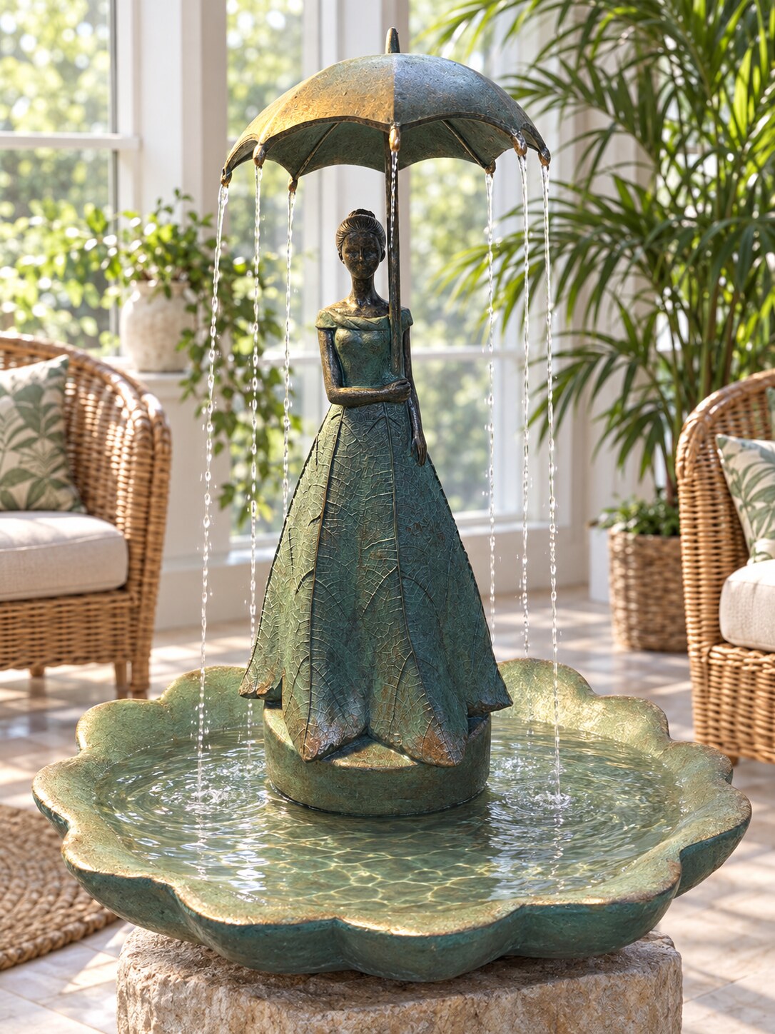 Paraguas lady with umbrella fountain styled indoors in a bright sunroom