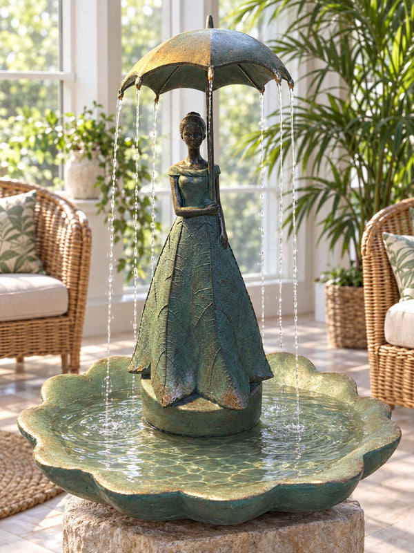 Paraguas lady with umbrella fountain styled indoors in a bright sunroom