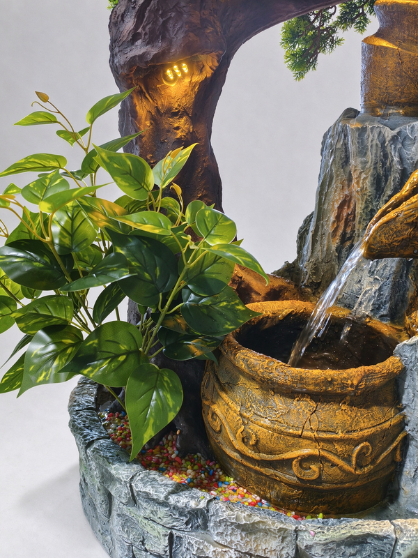 Sabina Bonsai Cascade Fountain – urn, artificial plant and stone basin