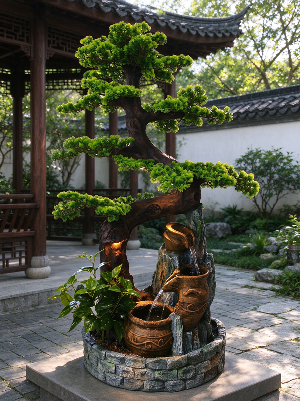 Sabina Bonsai Cascade Fountain in an Asian-style garden courtyard