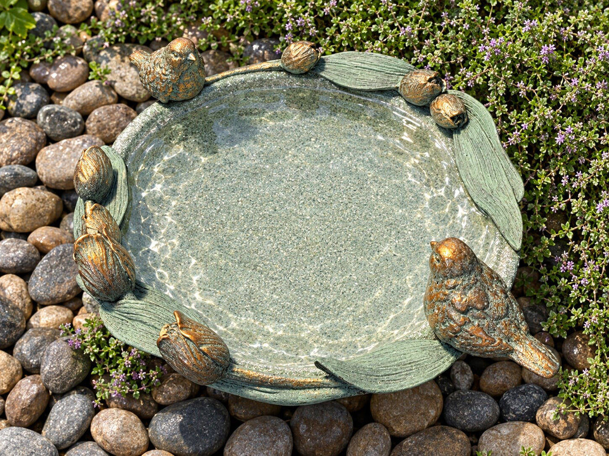 Volare verdigris bird bath with bronze tulip buds and two birds viewed from above