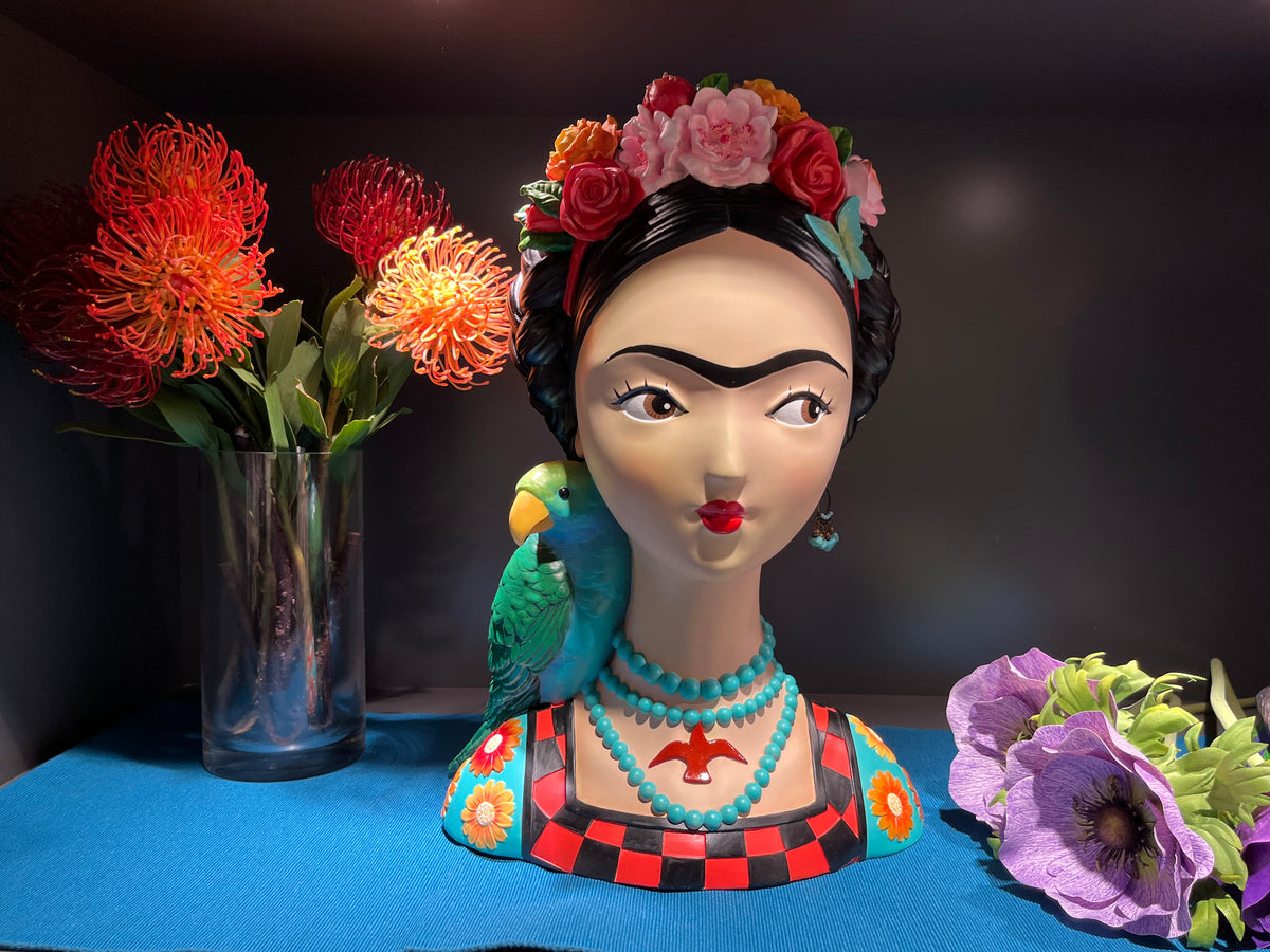 Mexicana Lady Bust with Parrot & Earrings in Vivid Colours Ceramic Finish