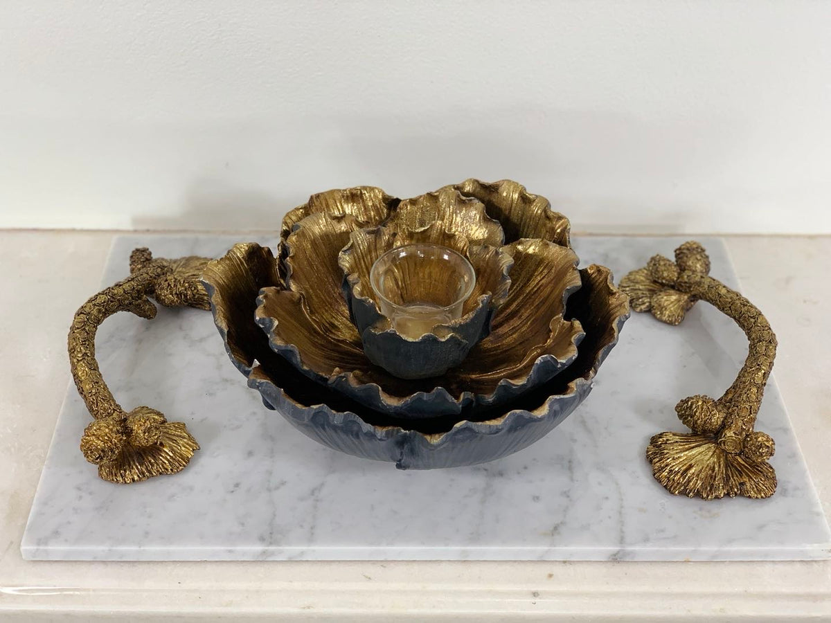 Flower Shaped Set Bowls Black & Gold with Candle Holder