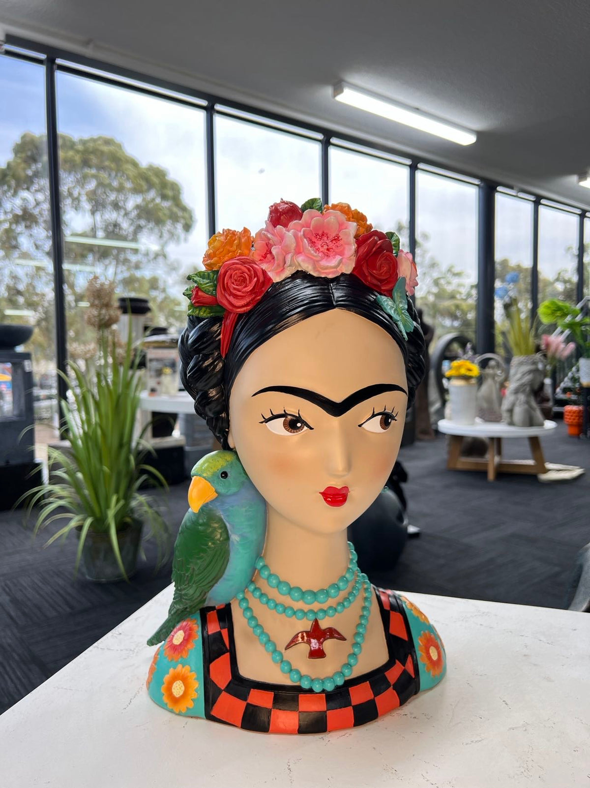 Mexicana Lady Bust with Parrot & Earrings in Vivid Colours Ceramic Finish