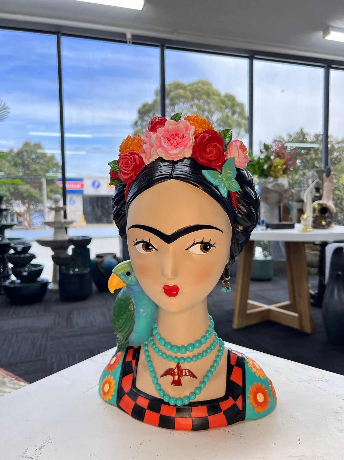 Mexicana Lady Bust with Parrot & Earrings in Vivid Colours Ceramic Finish