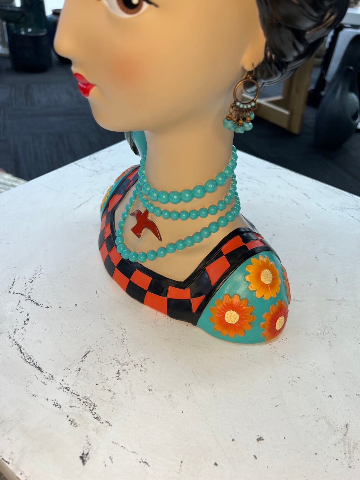 Mexicana Lady Bust with Parrot & Earrings in Vivid Colours Ceramic Finish