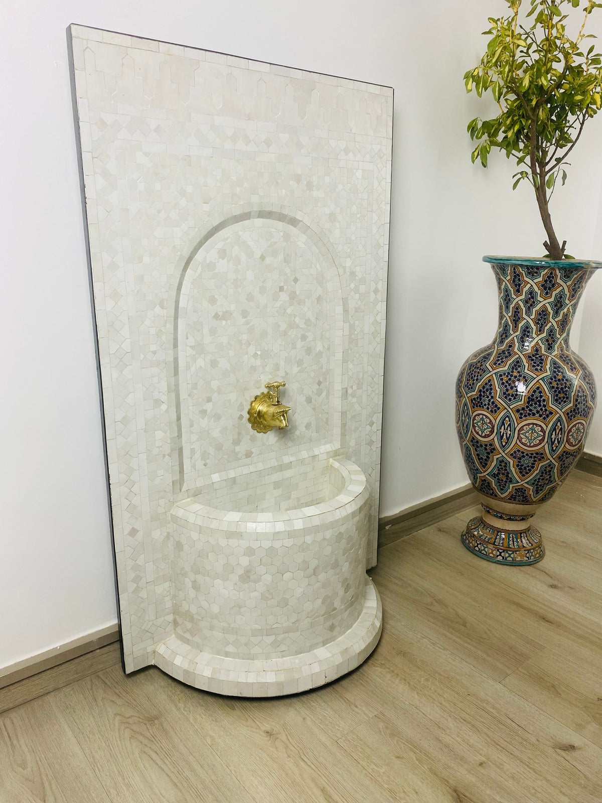 Custom Mosaic Fountain white for Outdoor and Indoor, Mid Century Fountain water inside, Moroccan Mosaic Fountain