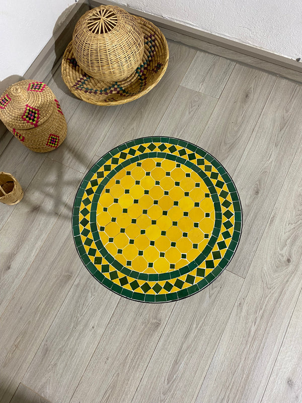 Emerald green and yellow table round made from mosaic for outdoor-indoor 100% handcrafted Moroccan tiles, Mid century Mosaic coffee table .