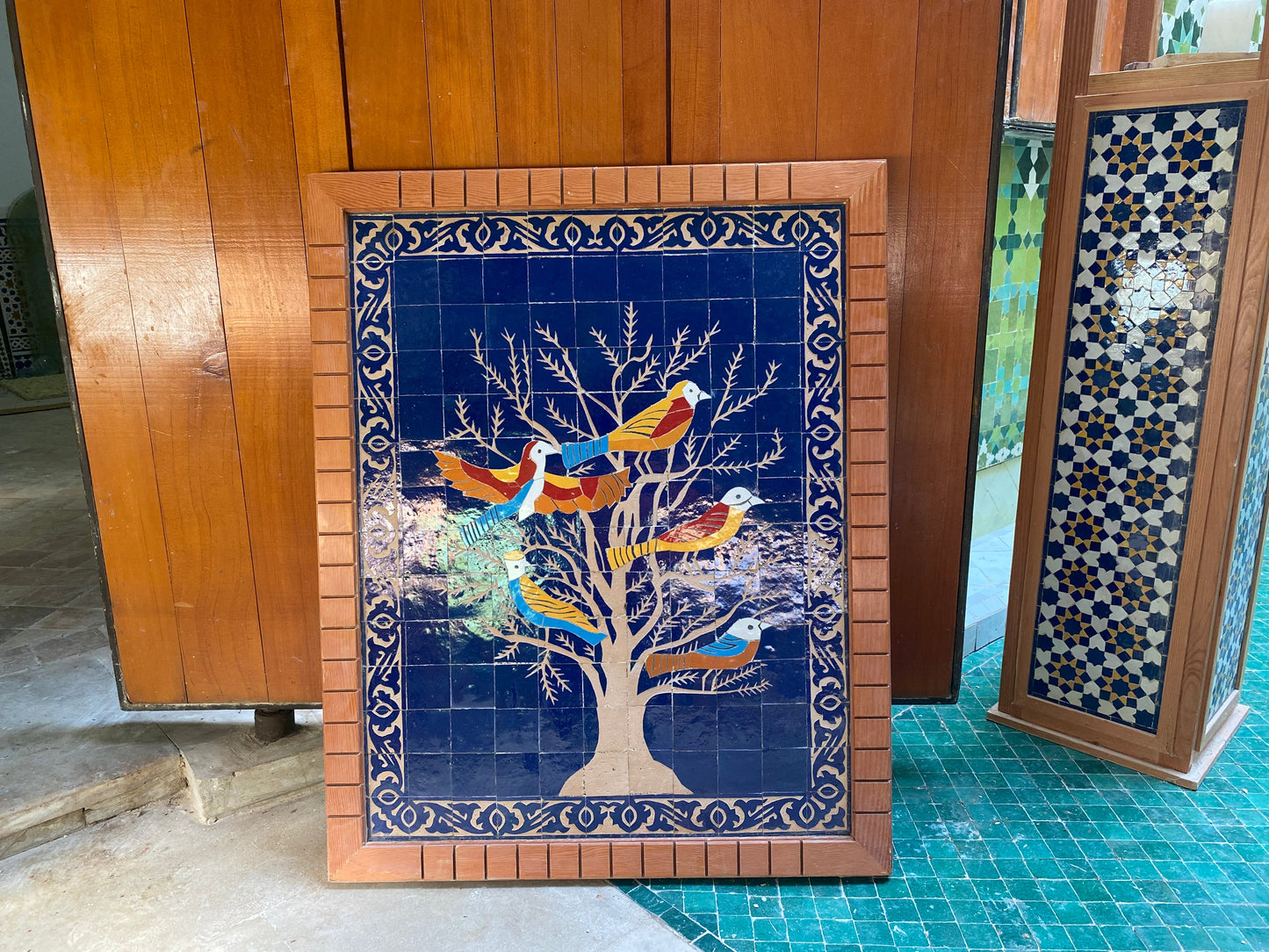 Moroccan mosaic wall hanging with wooden frame, small mosaic pieces birds on a tree, wall mosaic decor mosaic art , tiles clay wall art