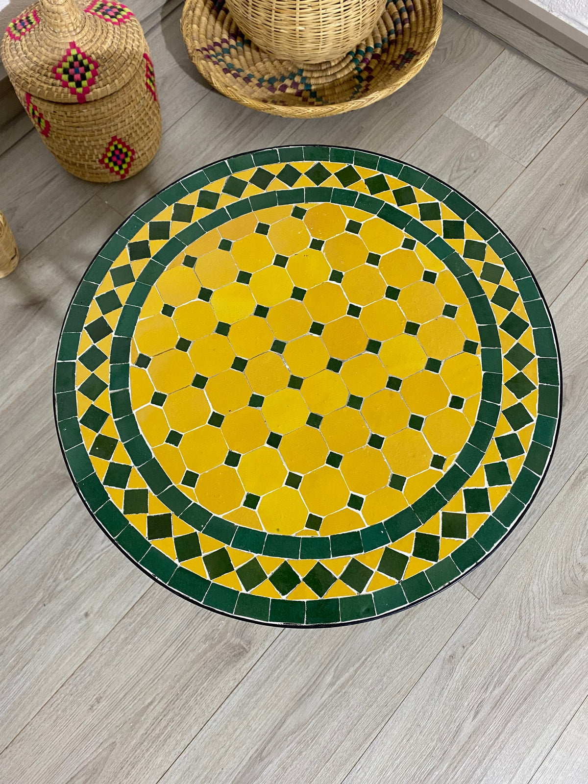 Emerald green and yellow table round made from mosaic for outdoor-indoor 100% handcrafted Moroccan tiles, Mid century Mosaic coffee table .