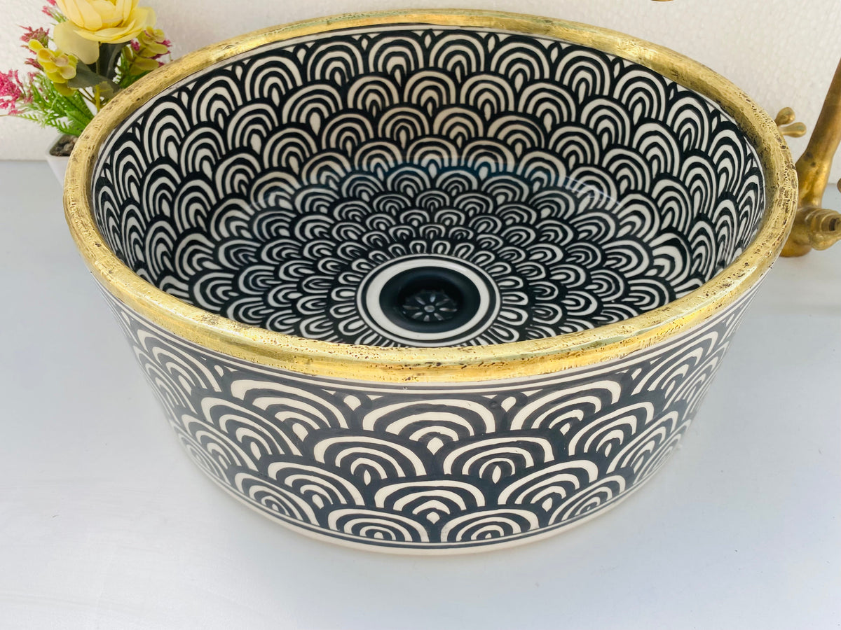 Bathroom vessel sink 14k gold rimmed - washbasin mid century hand painted sink - modern bathroom basin