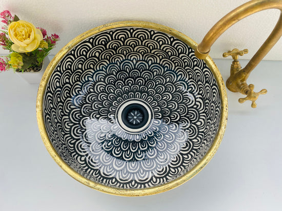 Bathroom vessel sink 14k gold rimmed - washbasin mid century hand painted sink - modern bathroom basin