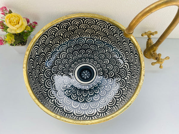 Bathroom vessel sink 14k gold rimmed - washbasin mid century hand painted sink - modern bathroom basin