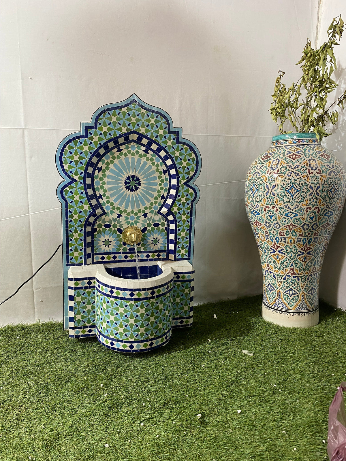 Mosaic Fountain for Outdoor and Indoor, Mid Century Fountain water inside, Garden Moroccan Mosaic Fountain