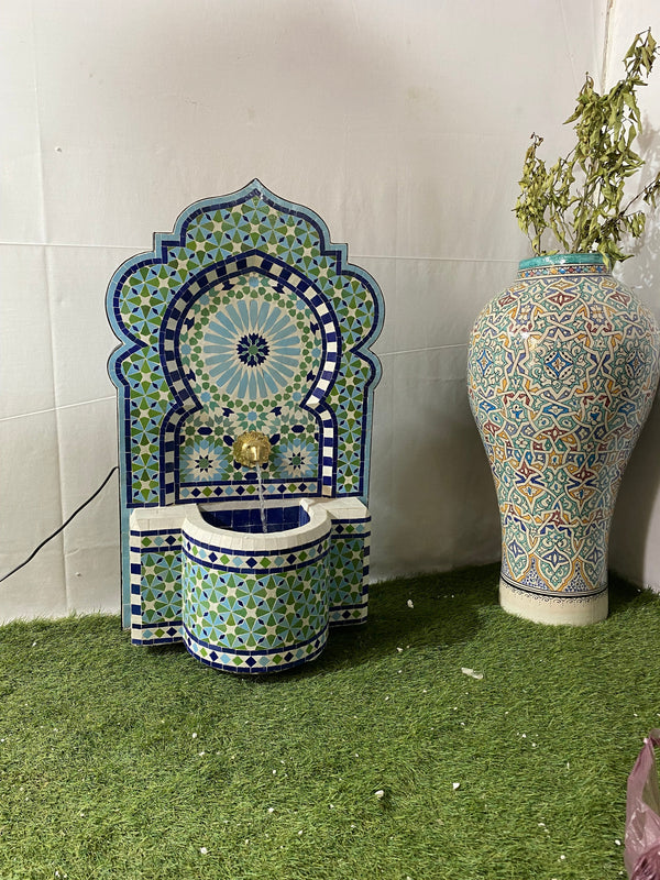 Mosaic Fountain for Outdoor and Indoor, Mid Century Fountain water inside, Garden Moroccan Mosaic Fountain