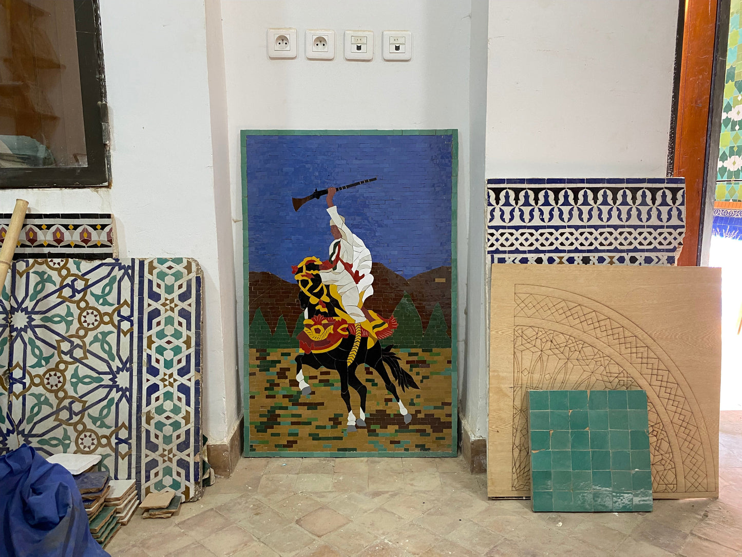 Moroccan mosaic wall hanging with wooden frame