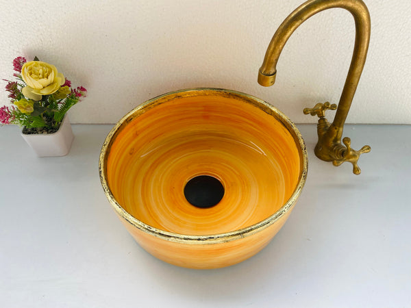 Orange bathroom sink - Brushed Solid Brass Rimmed Basin - Basin with Mid-Century Modern - blue ceramic sink Artisanal Farmhouse Basin