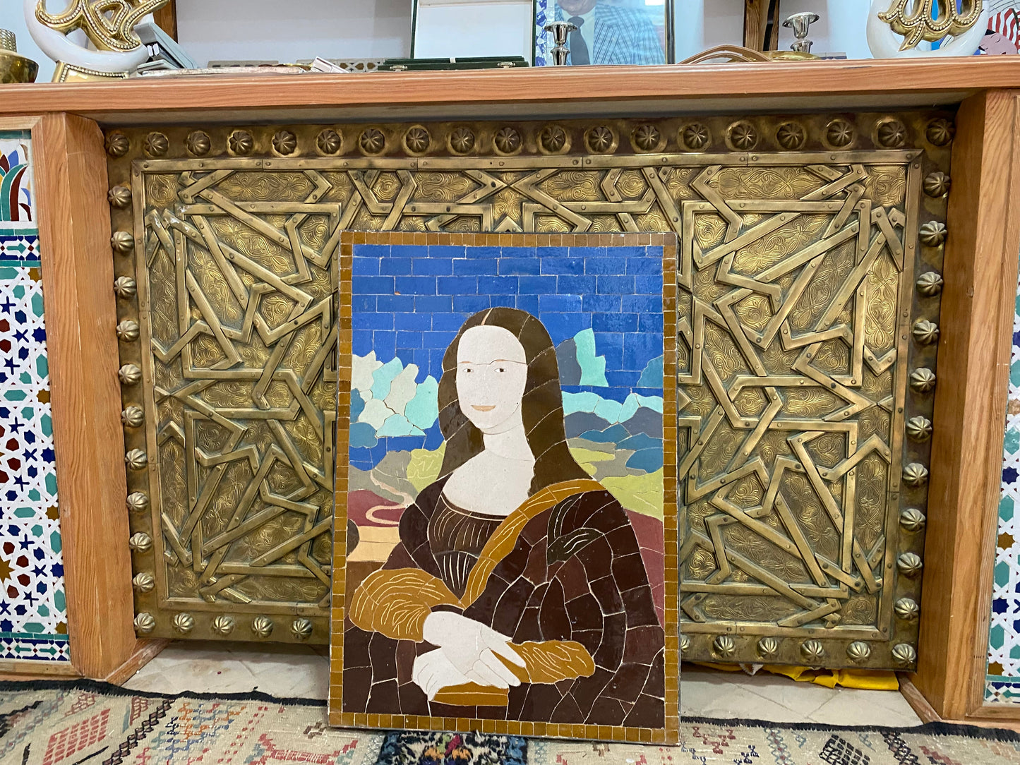 Moroccan mosaic wall hanging with Metal frame, small mosaic pieces Mona Lisa art work , wall mosaic decor mosaic art , tiles clay wall art