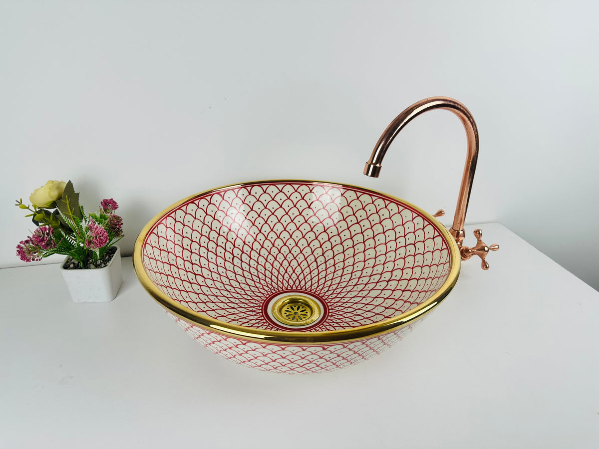 Pink 14 Karat Gold rimmed ceramic sink - handcrafted bathroom vessel - rose lavatory modern bowl washbasin