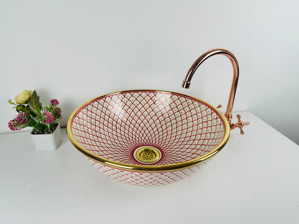 Pink 14 Karat Gold rimmed ceramic sink - handcrafted bathroom vessel - rose lavatory modern bowl washbasin