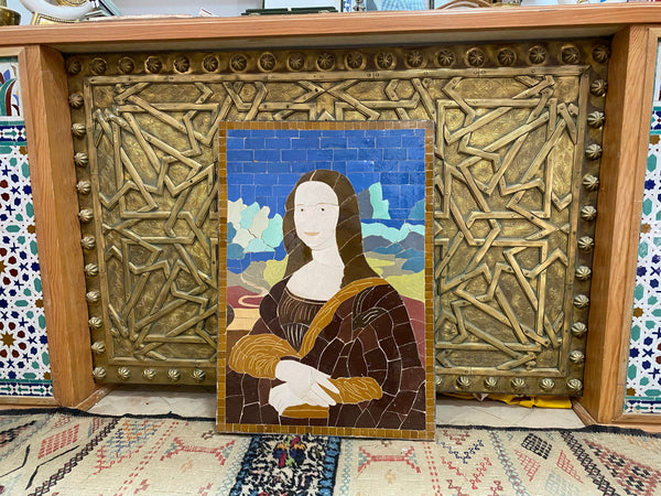Moroccan mosaic wall hanging with Metal frame, small mosaic pieces Mona Lisa art work , wall mosaic decor mosaic art , tiles clay wall art