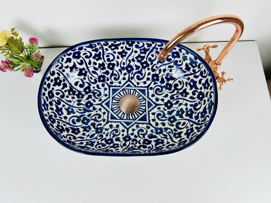Mid century modern oval blue sink flower - farmehouse bathroom vessel washbasin ovel