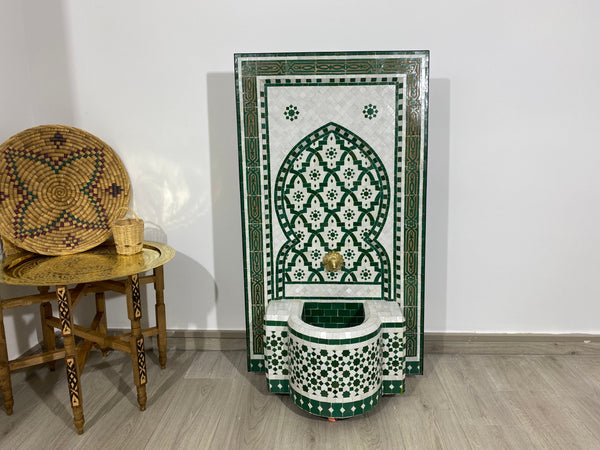 Handmade Moroccan Mosaic Fountain - Traditional Artisanal Water Feature - Handcrafted Islamic Art Fountain - green white Zellige Fountain