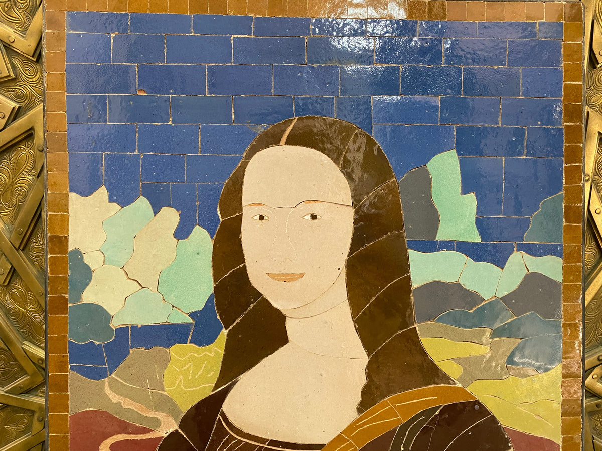 Moroccan mosaic wall hanging with Metal frame, small mosaic pieces Mona Lisa art work , wall mosaic decor mosaic art , tiles clay wall art